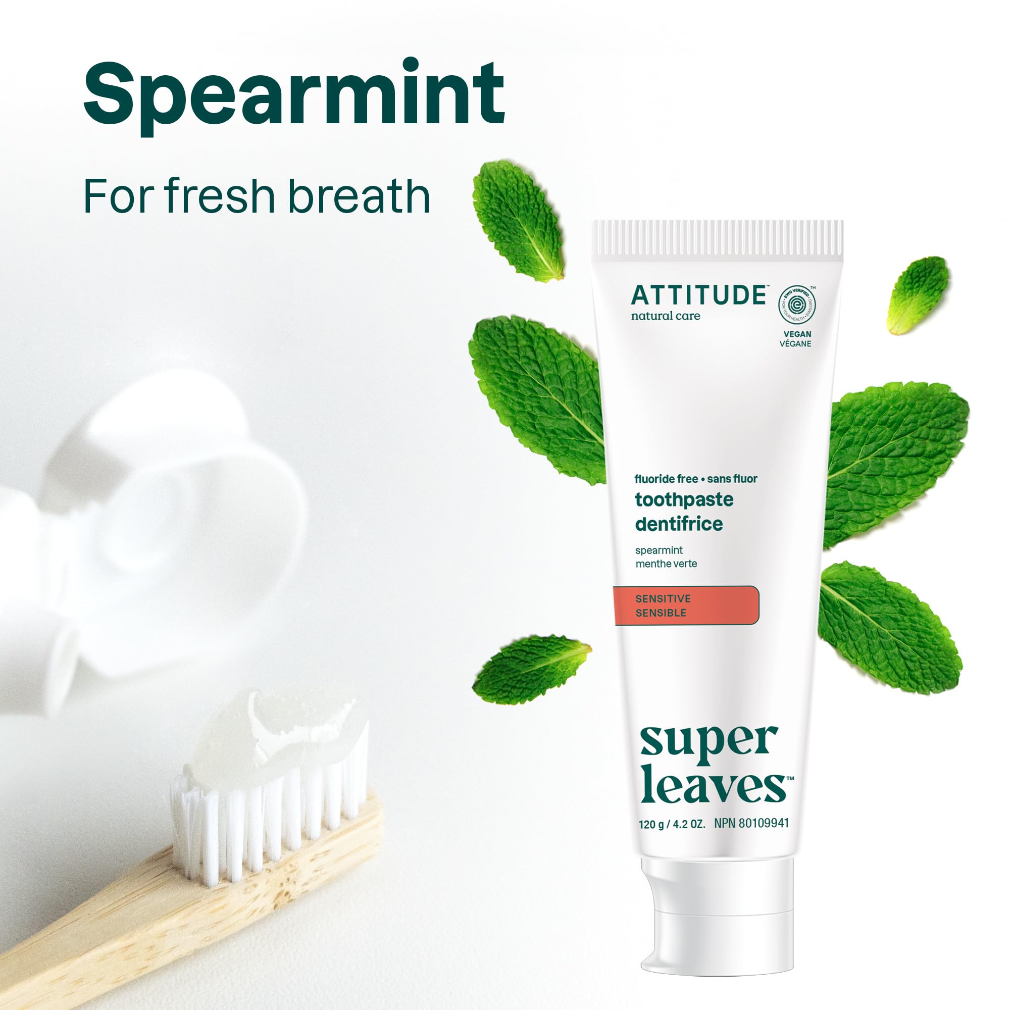 ATTITUDE Fluoride-Free Toothpaste for Sensitive Teeth | Vegan, Cruelty-Free & Sugar-Free | Plant & Mineral Based Formula | Spearmint Flavor 4.2 Oz | Gentle Daily Oral Care for Kids & Adults