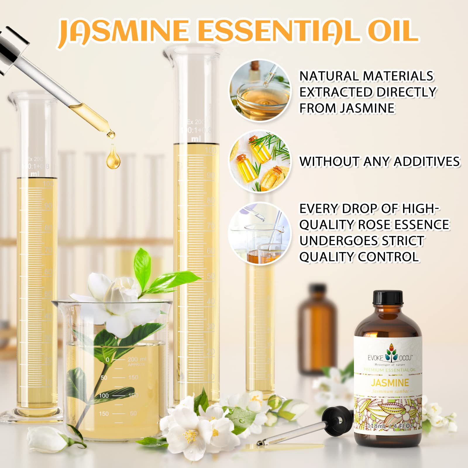EVOKE OCCU 100% Pure Essential Oils Set - Jasmine, Vanilla, Lavender, Chamomile & Eucalyptus (4oz) for Skin Care, Hair Treatment, Aromatherapy & Diffuser Use - Perfect for Relaxation, Massage & Home Spa