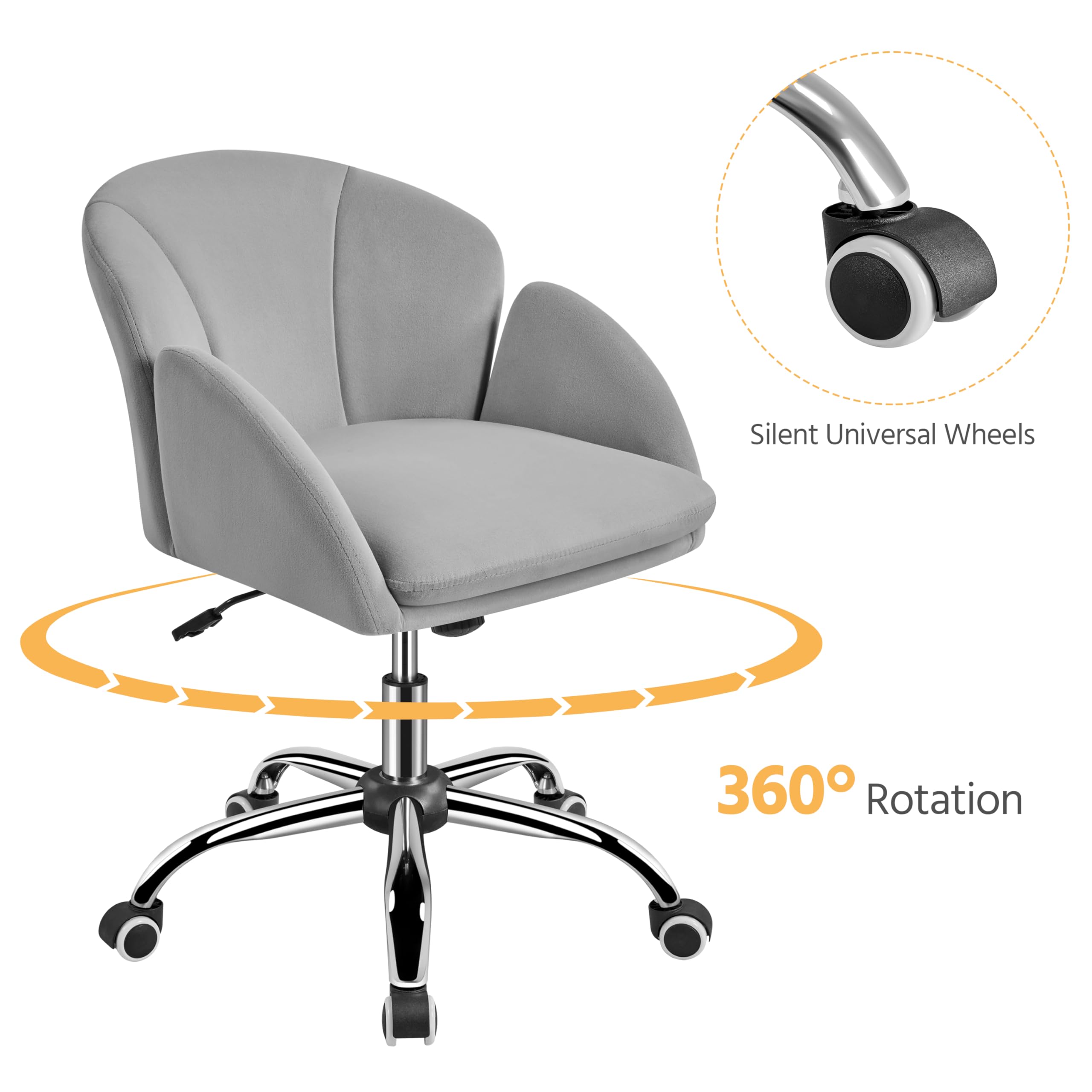 Yaheetech Modern Velvet Swivel Desk Chair with Armrests - Light Gray Home Office Chair for Women, Rolling Makeup Vanity Chair for Bedroom & Study Room | Perfect for Work, Gaming & Beauty Stations