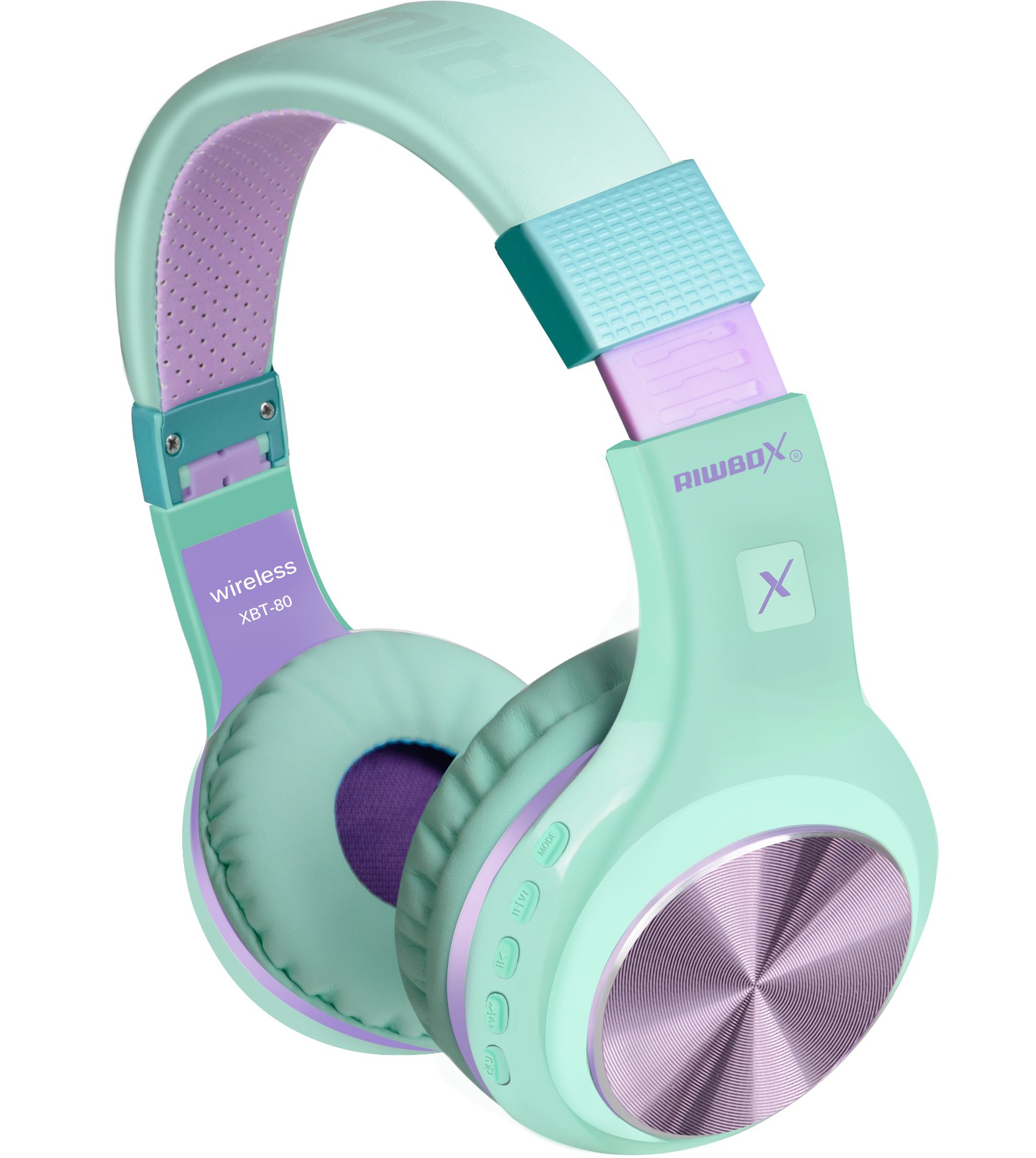 Riwbox XBT-80 Wireless Bluetooth Headphones Over Ear with Microphone, Foldable Stereo Headset with Volume Control for PC/Phone/TV/Gym, Purple Green - Perfect for Workouts, Travel & Home Entertainment