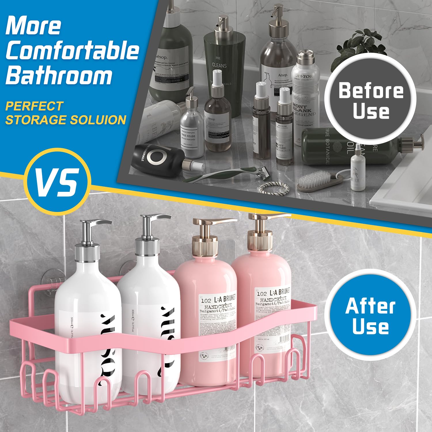 Rustproof Adhesive Shower Caddy 5 Pack - No Drilling Bathroom Organizer with Soap Holder & Toothbrush Holder - Pink Bathroom Accessories Set for Small Spaces, Dorm Rooms & Apartment Showers