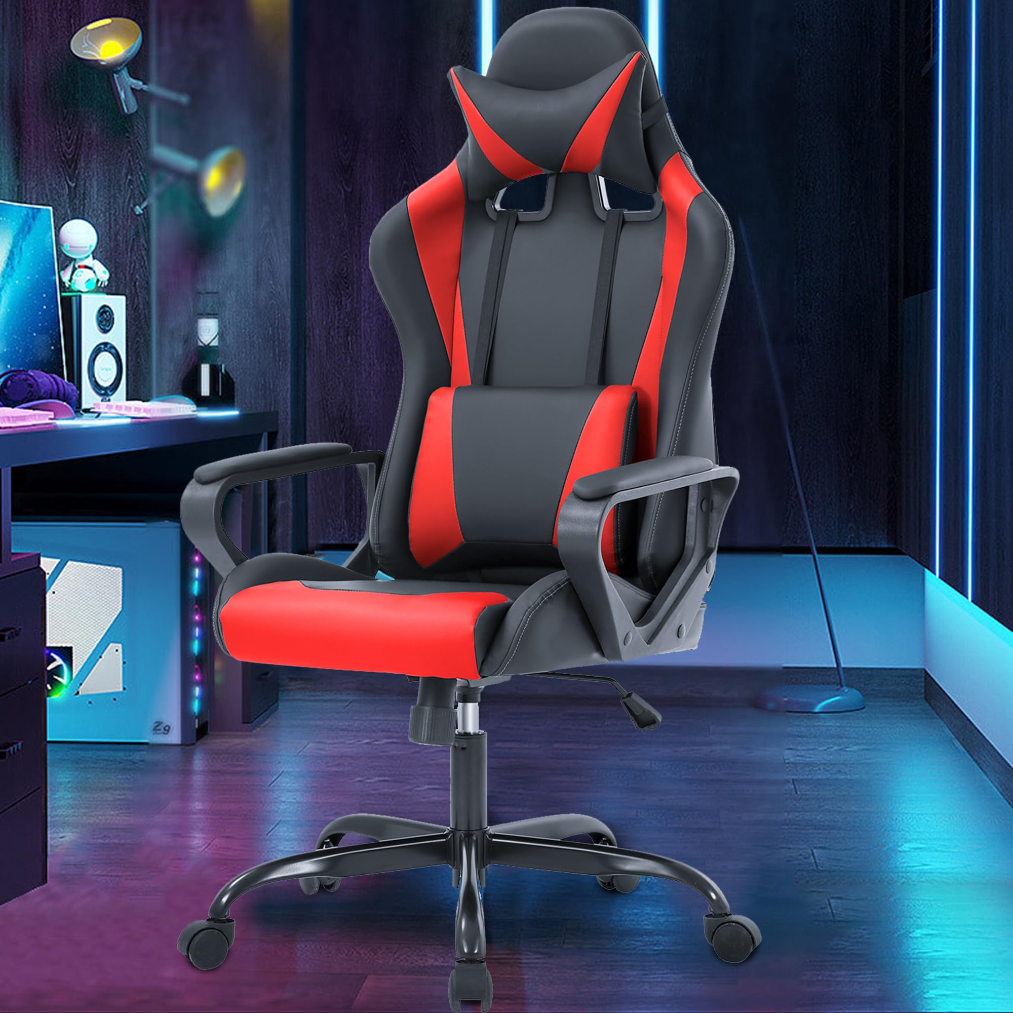 Ergonomic Racing Gaming Chair with Adjustable Armrests, 360° Swivel & Casters - High Back PU Leather Office Computer Desk Chair with Lumbar Support & Headrest for Back Pain Relief - Perfect for Home Office, Gaming Setup & Workstation (Red)