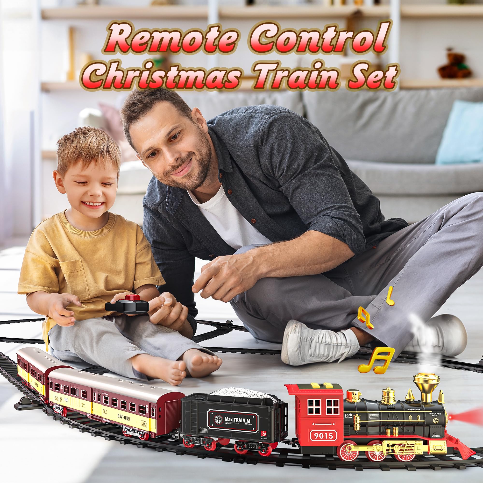 Hot Bee Christmas Train Set with Remote Control - Electric Steam Locomotive Toy for Kids Ages 2-8 | Light Up, Sound Effects & Spray Features | Perfect Holiday Train for Around the Christmas Tree | Toddler Learning Toy & Christmas Decoration Gift