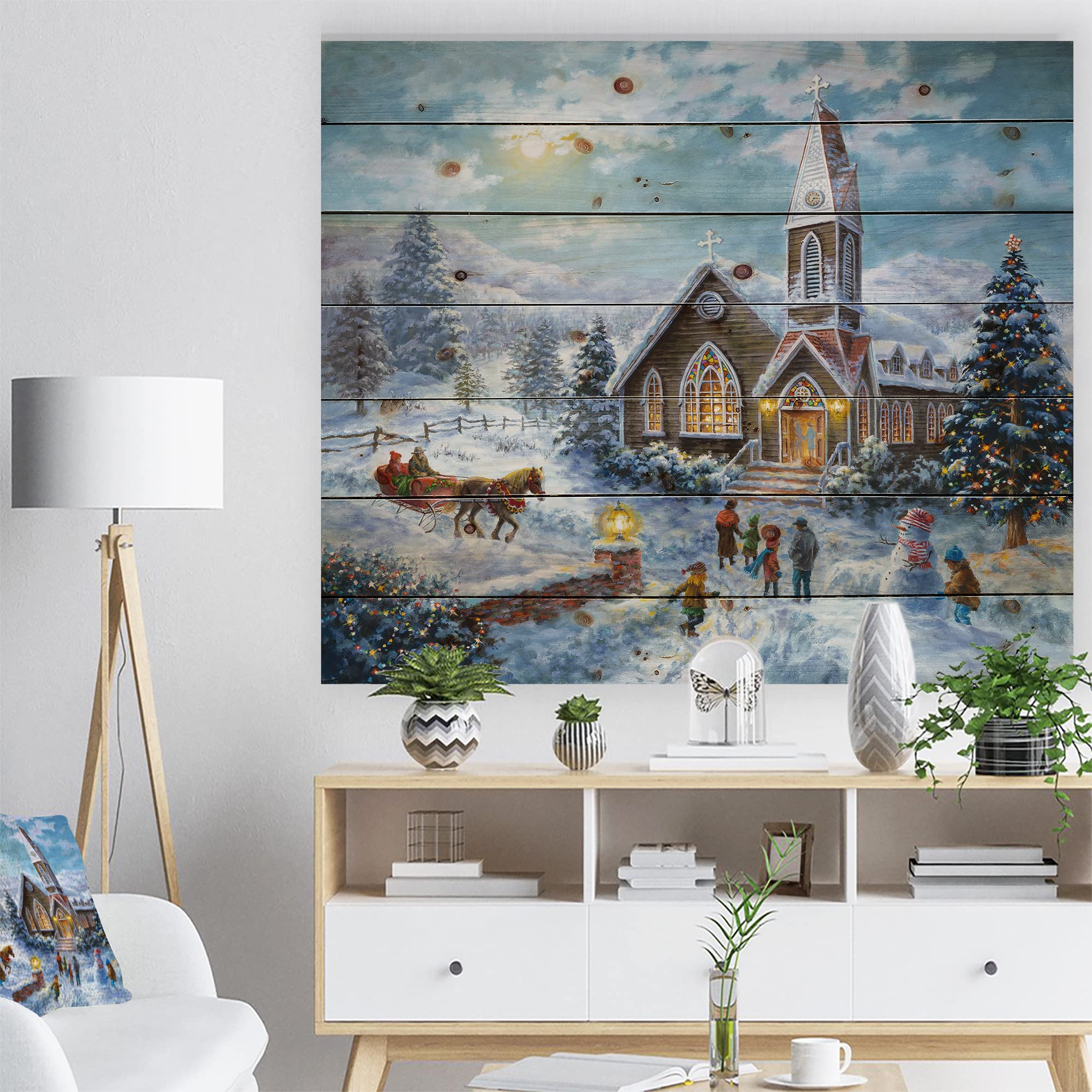 DesignQ Christmas Worship Wood Wall Decor - Traditional White Wood Wall Art with Parents Pray & Children Play - Large Spiritual Wall Panels Printed on Natural Pine - Perfect for Holiday Home Decor & Church Interiors