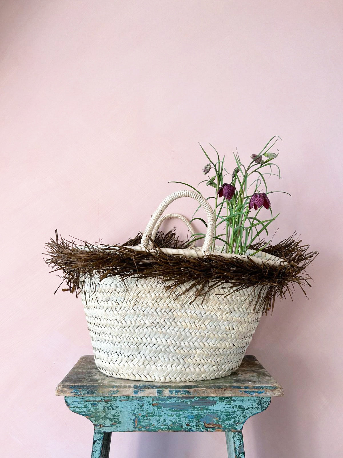 Natural Raffia Tassel Basket with Moss - Handwoven Boho Storage Bin for Home Decor, Nursery, or Beach Essentials - Perfect for Organizing Blankets, Toys, and Coastal Style Decorations