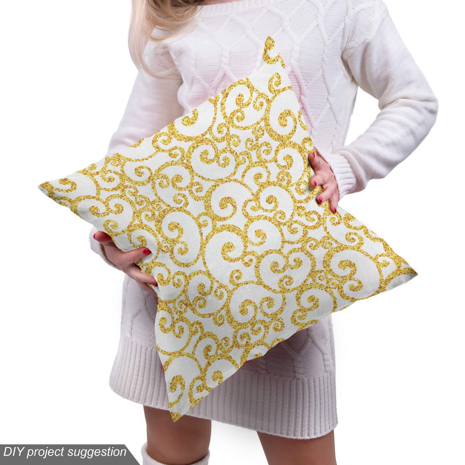 Ambesonne Victorian Floral Fabric - Golden Yellow Ivy Swirls for Upholstery & Home Decor | Antique Motif Fabric by The Yard