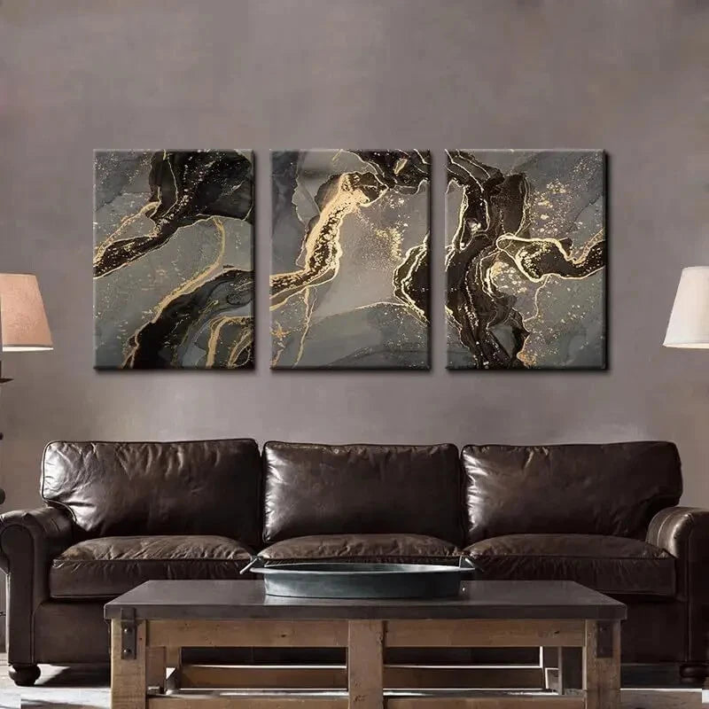 3-Piece Abstract Black and Gold Metal Wall Art - Ready to Hang Modern Home Decor for Living Room, Bedroom, or Office