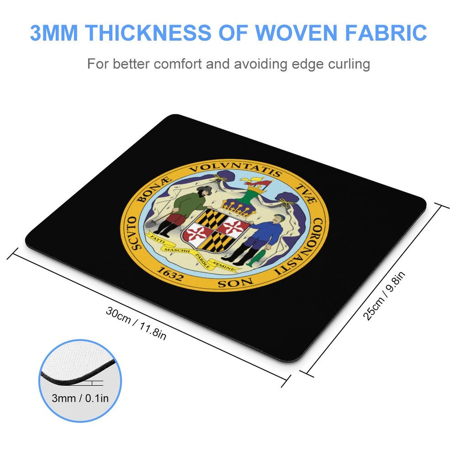Maryland State Seal Non-Slip Square Mouse Pad - Durable Computer Mouse Mat for Laptop, Home, Office, and Gaming Use