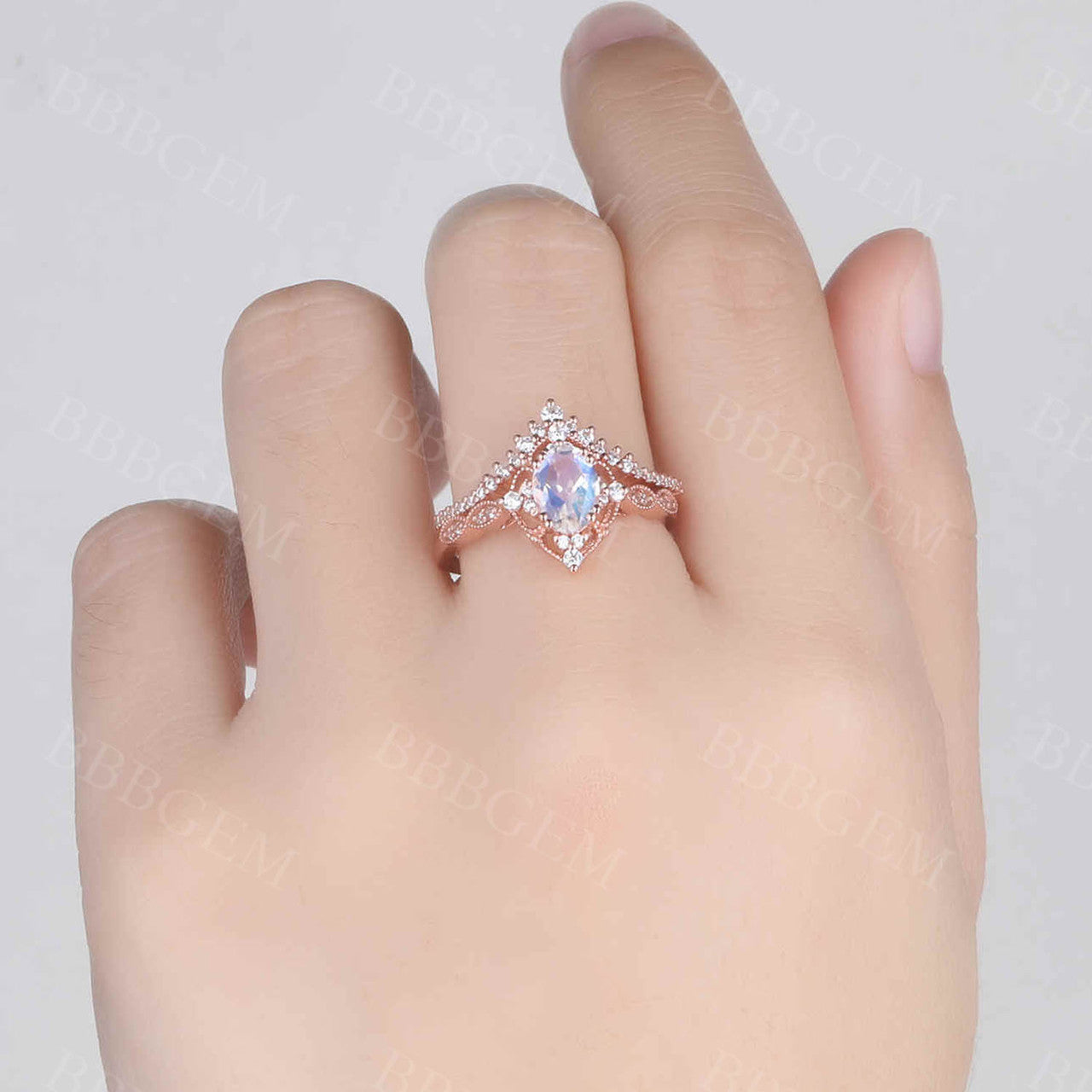 Antique Art Deco Moonstone Engagement Ring Set in Rose Gold - Oval Faceted Moonstone with Milgrain Detailing for Bridal & Wedding Jewelry | Perfect for Vintage-Inspired Proposals & Anniversary Gifts