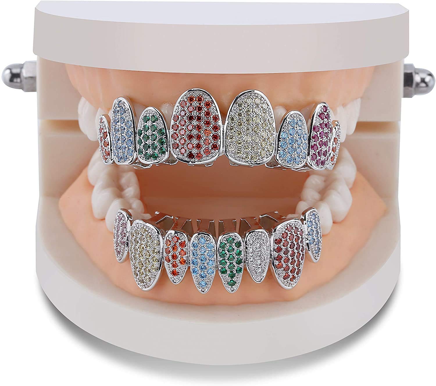 18K Gold Plated Iced Out Simulated Diamond Teeth Grillz with Molding Bars - Luxury Hip Hop Jewelry for Rappers & Performers - Perfect for Concerts, Music Videos & Special Events