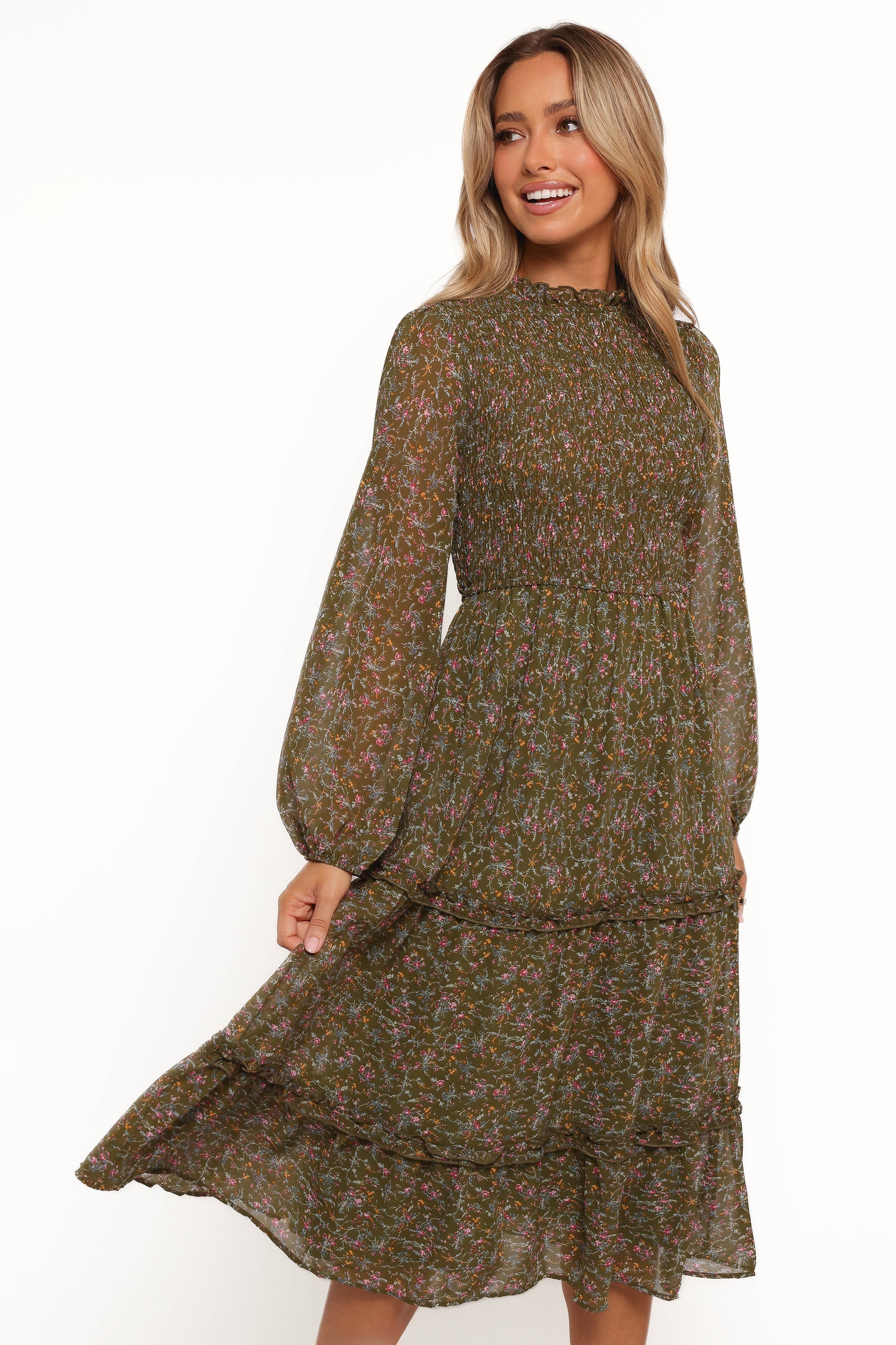 Edwina Women's Shirred Frill Long Sleeve Midi Dress - Olive Floral Print Boho Style for Casual Wear, Date Night & Spring Outfits