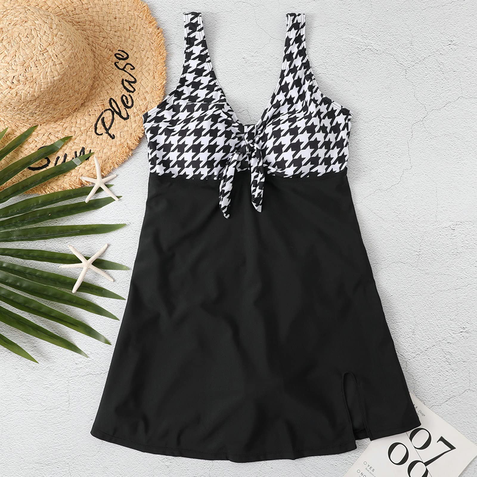 Plus Size Women's One Piece Swimsuit - Black & White Stitched Halter Bikini with Bow | Beachwear, Pool Party, Vacation Swimwear for Curvy Women