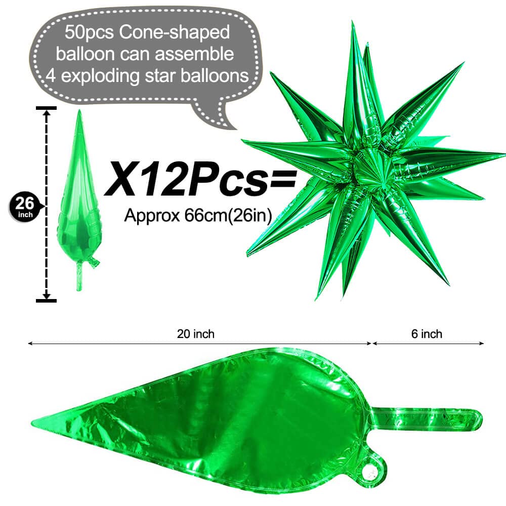50 Pcs 26 Inch Green Foil Cone Star Balloons - 3D Starburst Mylar Balloons for Party Decorations, Christmas, Birthday & Wedding Supplies | Perfect for Indoor/Outdoor Events, Photo Backdrops & Celebration Decor