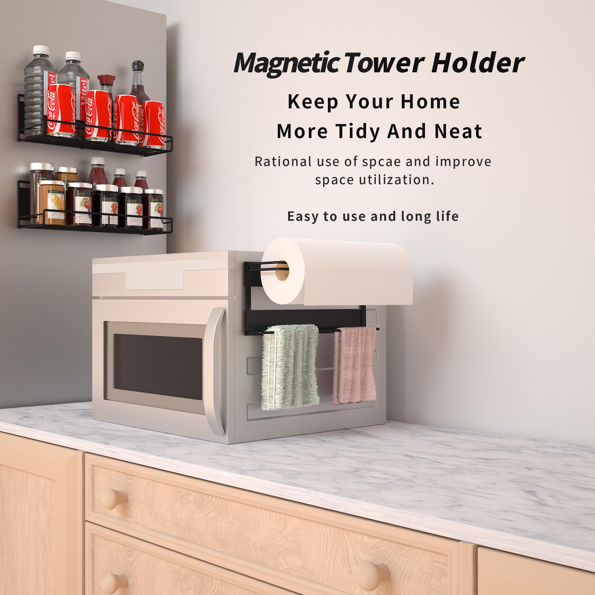 Strong Magnetic Paper Towel Holder for Refrigerator - 2 Pack Heavy Duty Iron Kitchen & Bathroom Towel Rack - No Drill Mounting for Refrigerator, Cabinet, Office, Dorm (Black, Large) - Perfect for Kitchen Organization & Space Saving Storage