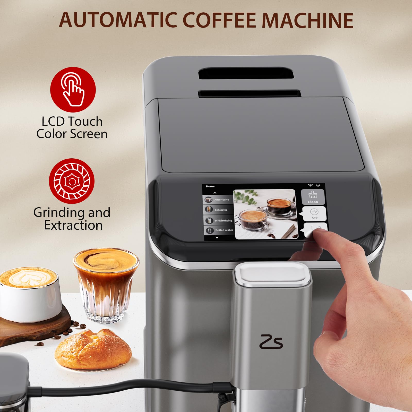 Fully Automatic Espresso Machine with Built-in Grinder & Milk Frother - 20 Bar Pressure, Touch Screen, 7 Coffee Options, One-Touch Brewing for Espresso & Latte - Perfect for Home, Office & Coffee Shop Use (Silver)