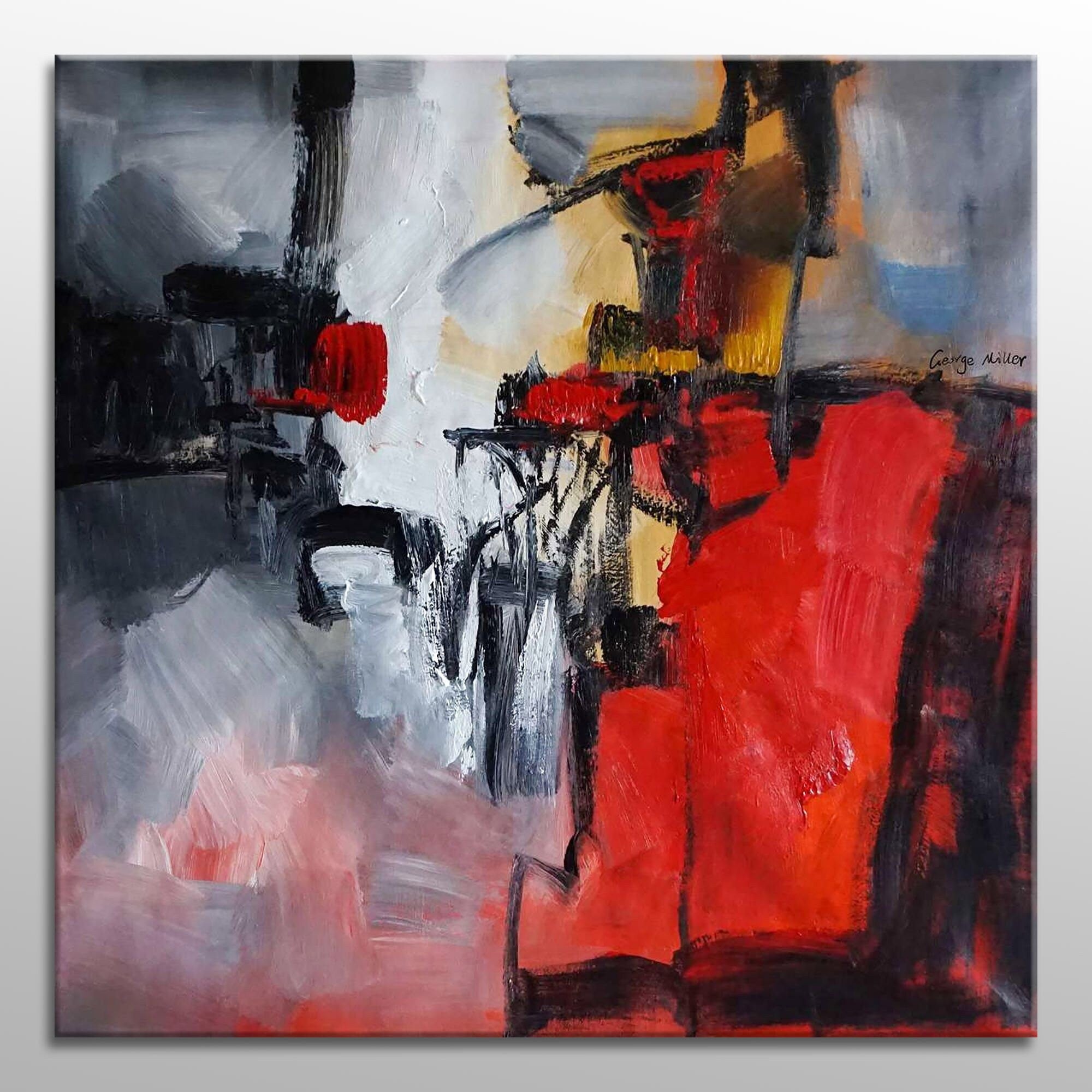 Square Abstract Oil Painting - Minimalist Black and Red Canvas Wall Art - Handmade Oil on Canvas - Modern Oversized Painting for Living Room, Bedroom & Office Decor