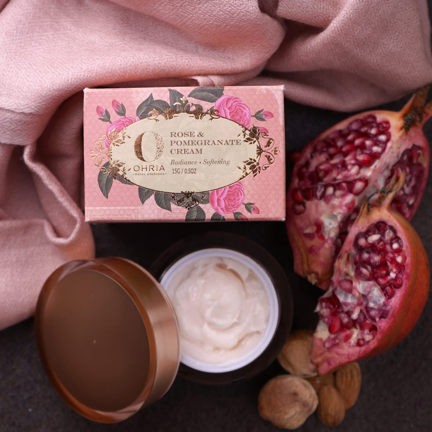 Ohria Ayurveda Rose & Pomegranate Face Cream with Almond, Ashwagandha & Wheat Germ Oil - Radiant & Softening Moisturizer for All Skin Types | 15g | Perfect for Daily Skincare Routine & Nighttime Hydration
