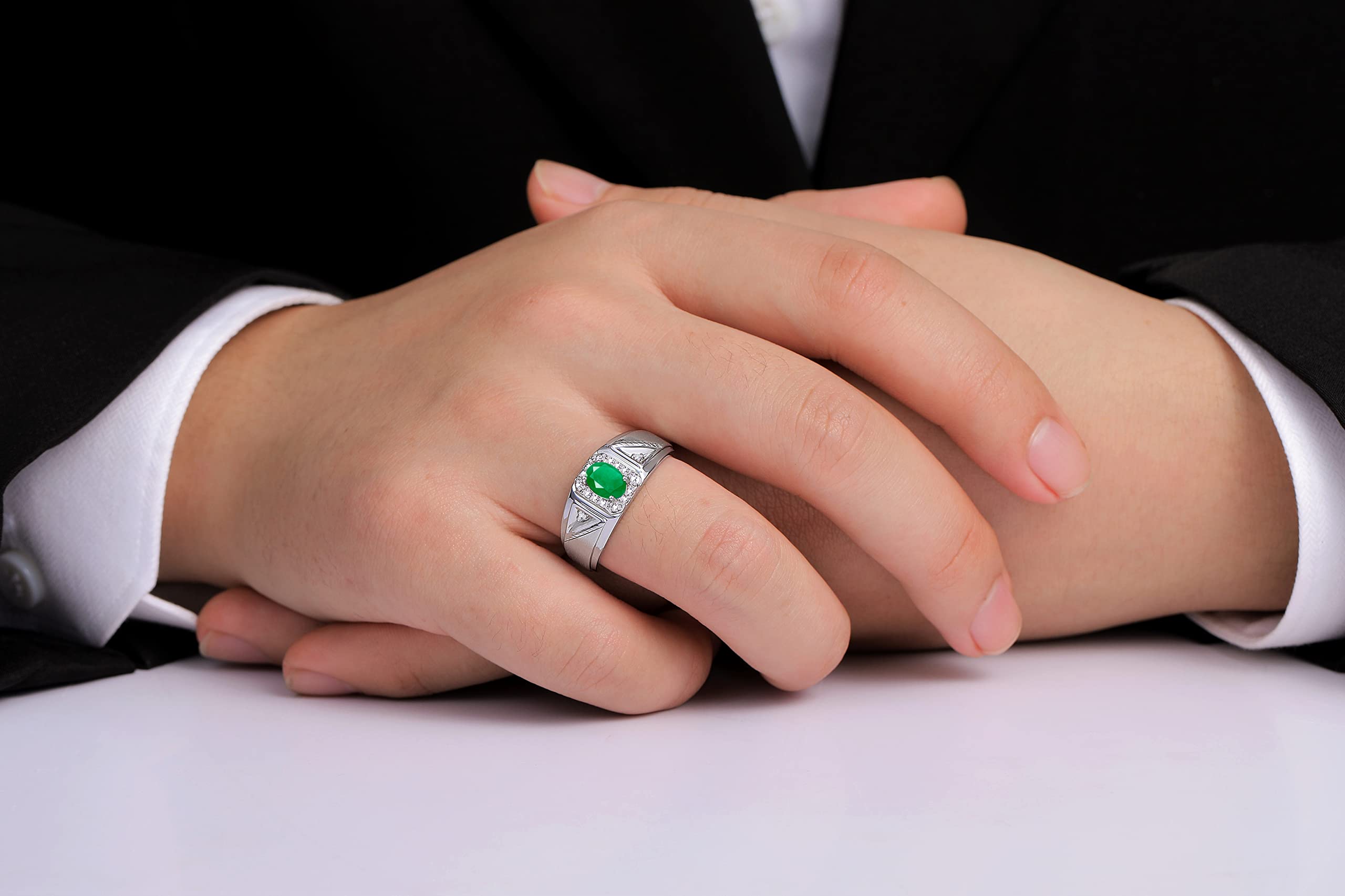 Rylos Men's Sterling Silver 7X5MM Oval Emerald & Diamond Ring - May Birthstone Jewelry for Men Size 10 - Perfect for Gifts, Weddings & Special Occasions