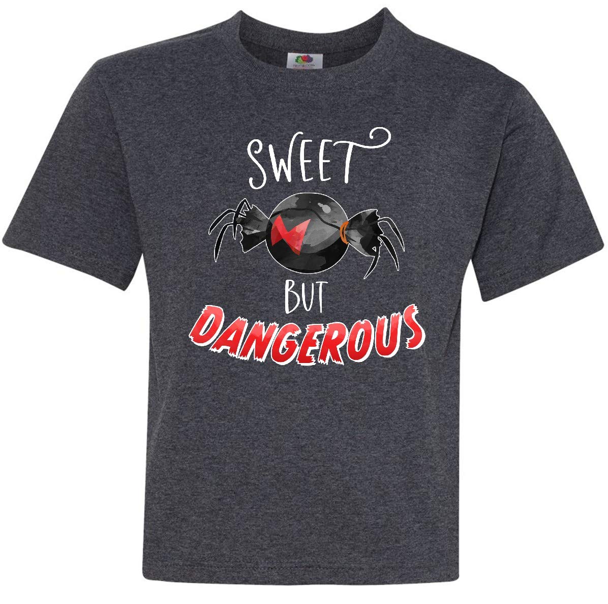 Inktastic Sweet But Dangerous Black Widow Spider Graphic Candy Youth T-Shirt - Halloween Costume, Cosplay & Spider Lover Gift for Teens