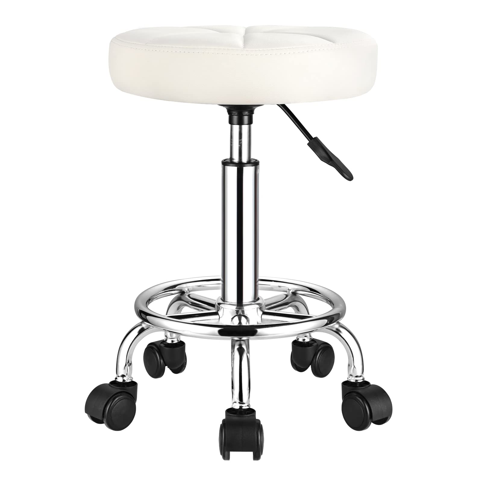 Adjustable Height Swivel Rolling Stool with Wheels - PU Leather Round Stool for Office, Kitchen, Salon & Home Use - White
