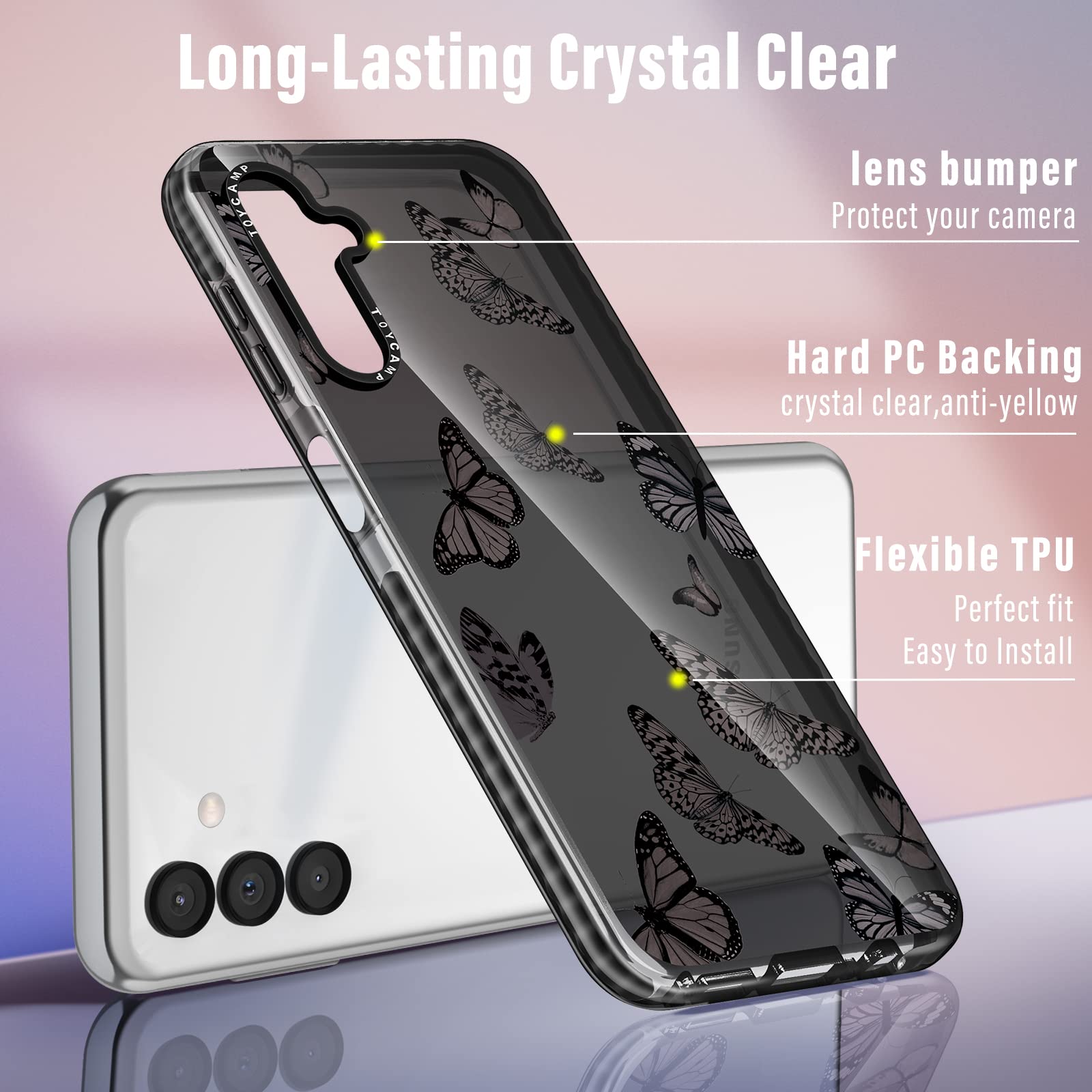 Samsung Galaxy A14 5G Case with Ring Holder - Cute Black Butterflies Design Protective Phone Cover for Women & Girls | Perfect for Daily Use, Work, and Travel