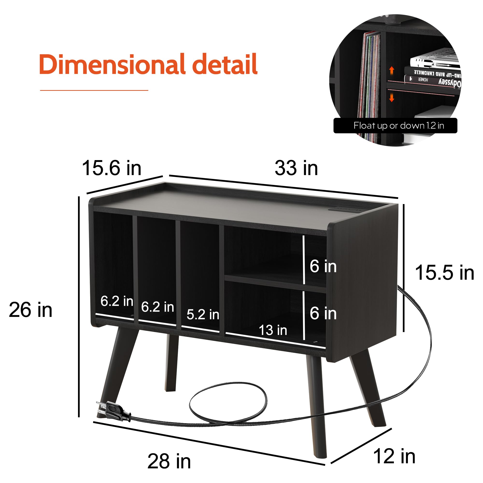 Forevich Large Vinyl Record Player Stand with Storage Cabinet - Holds 220+ Albums, Wooden Legs & Built-in Power Outlet - Turntable Shelf for Living Room, Home Theater & Music Studio (Black)