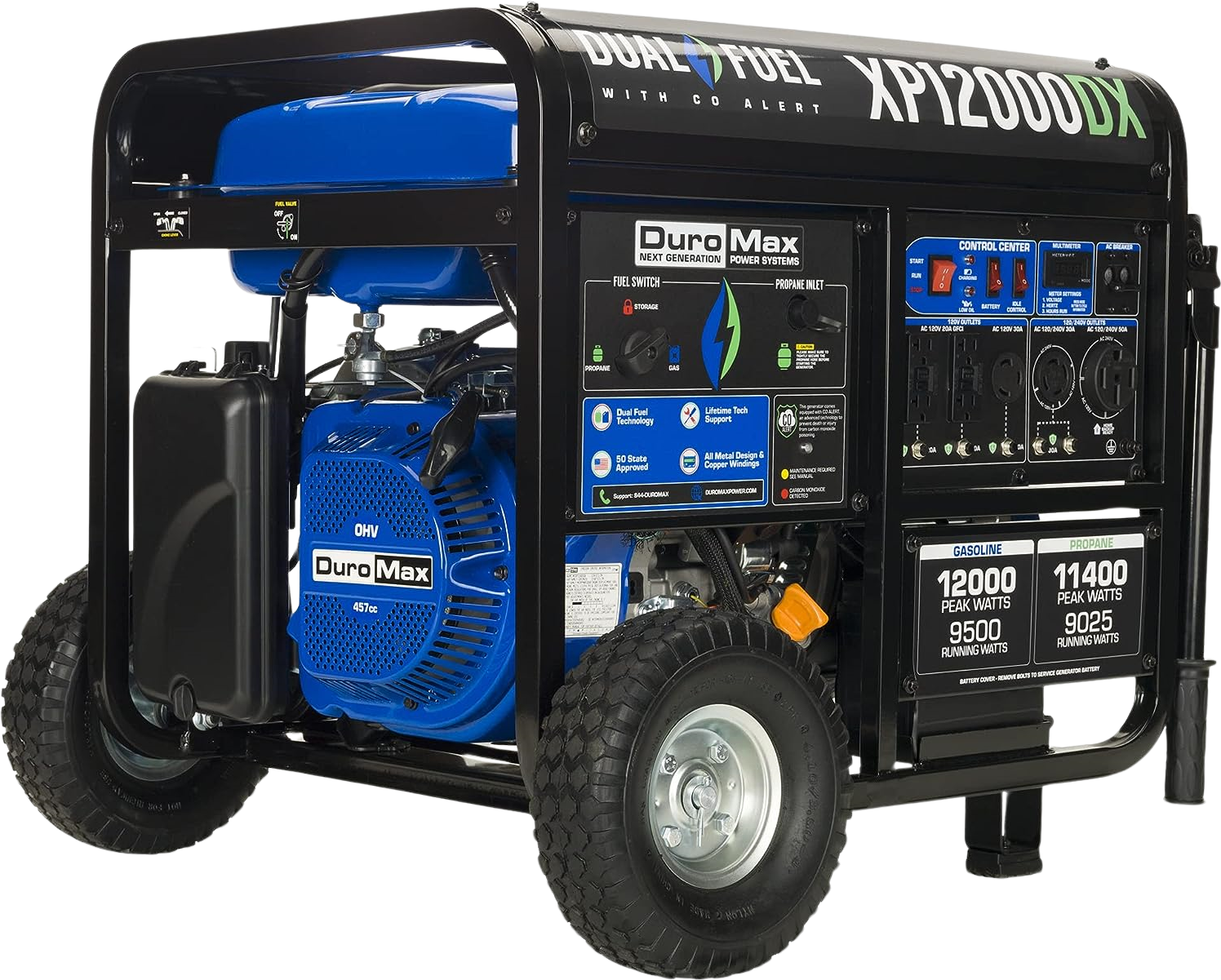 DuroMax XP12000DX 9500W/12000W Dual Fuel Portable Generator - Gas & Propane Powered with Electric Start & CO Alert - Ideal for Home Backup, Camping, and Emergency Power Outages