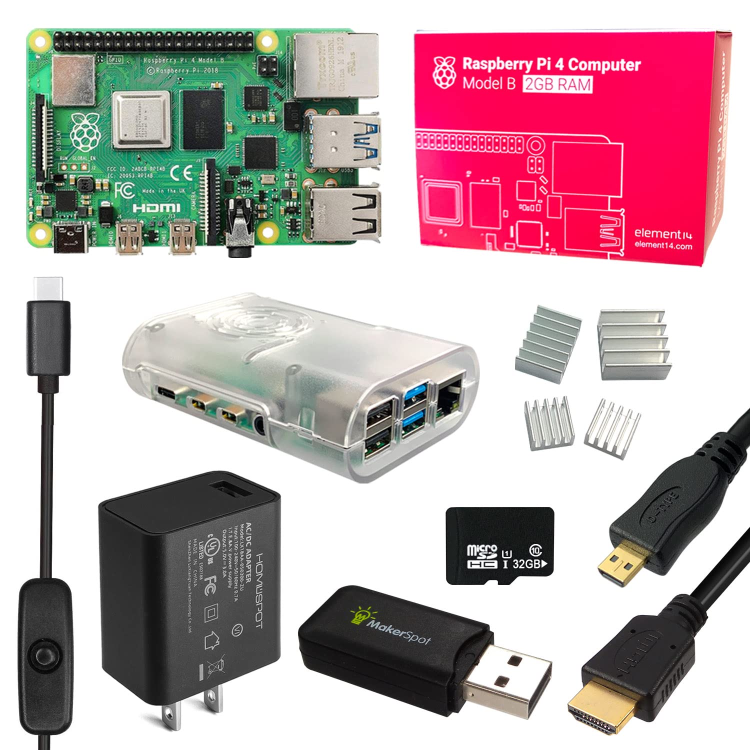 Raspberry Pi 4 Starter Kit with 2GB RAM, Micro-HDMI Cable, 5V3A UL Certified Charger & 32GB Micro-SD Card - Perfect for DIY Projects, Coding, IoT Development & Home Automation