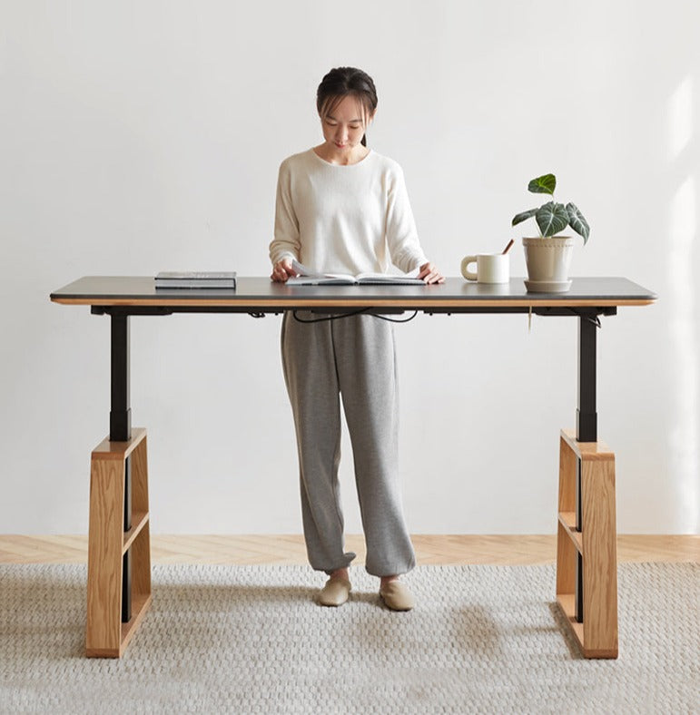 Premium Oak Solid Wood Standing Desk with Natural Rock Slab Top - Ergonomic Adjustable Height Home Office Desk for Work & Study