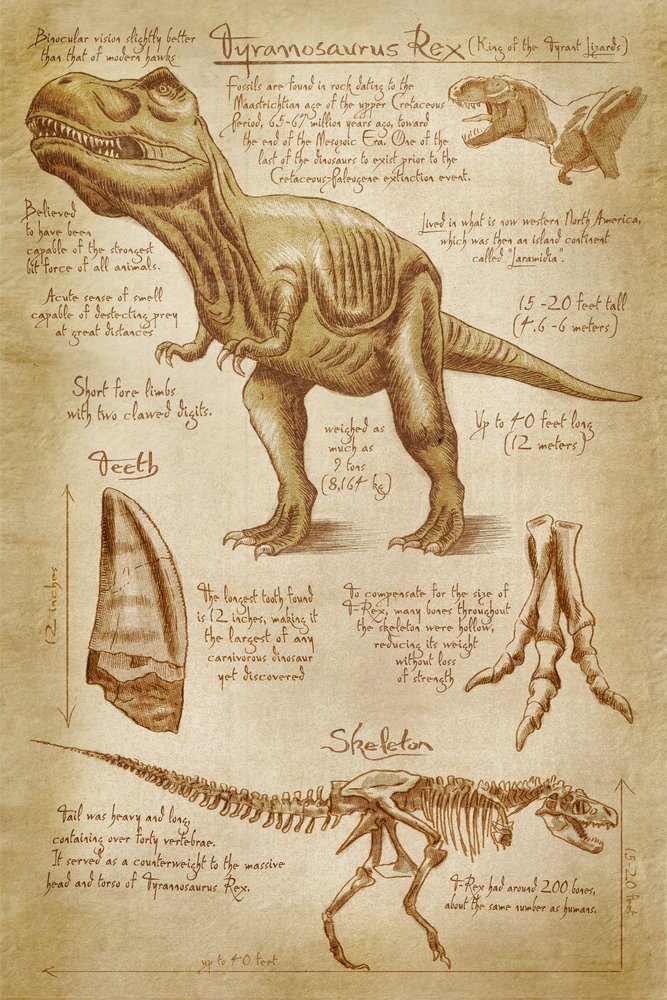 Tyrannosaurus Rex Dinosaur Wall Art - Da Vinci Style 24x36 Signed Master Print | Vintage Dinosaur Poster for Home & Office Decor | Perfect Gift for Paleontology & Art Lovers
