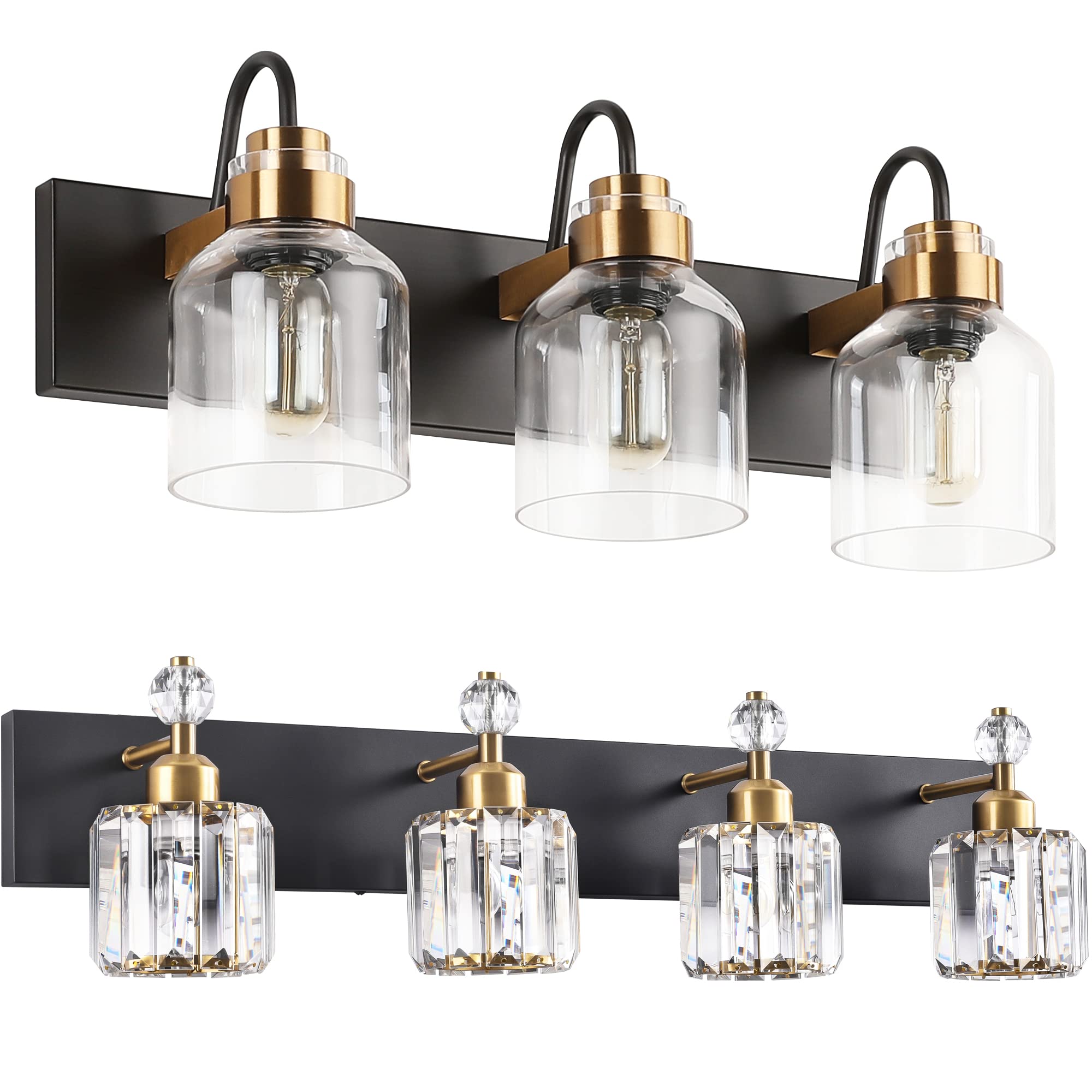 Vintage Black Crystal Bathroom Vanity Light - 3/4-Light Fixture for Elegant Bathroom Decor