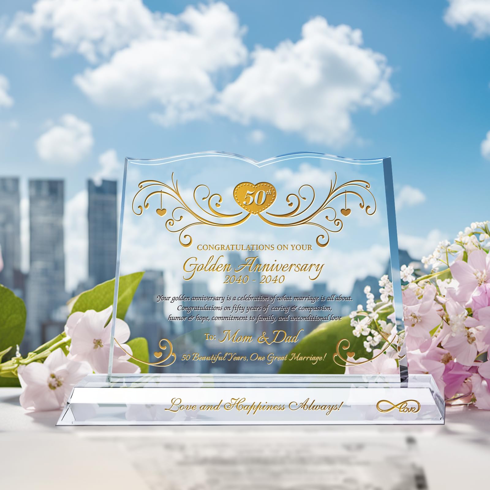 Custom Engraved 50th Wedding Anniversary Crystal Plaque - Personalized with Couple's Names & Date - Golden Anniversary Gift for Parents, Couples & Friends (12 Inch) - Perfect for Displaying on Mantel, Shelf or as a Sentimental Keepsake