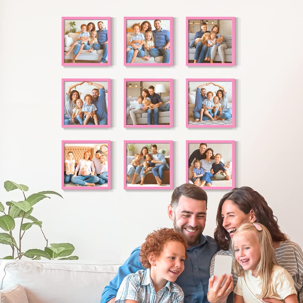 Set of 9 Custom 8x8 Photo Prints with Real Wood Picture Frames - Create Personalized Photo Collage | Peel & Stick Wall Decor | Pink Frames for Bedroom, Living Room & Office Decor