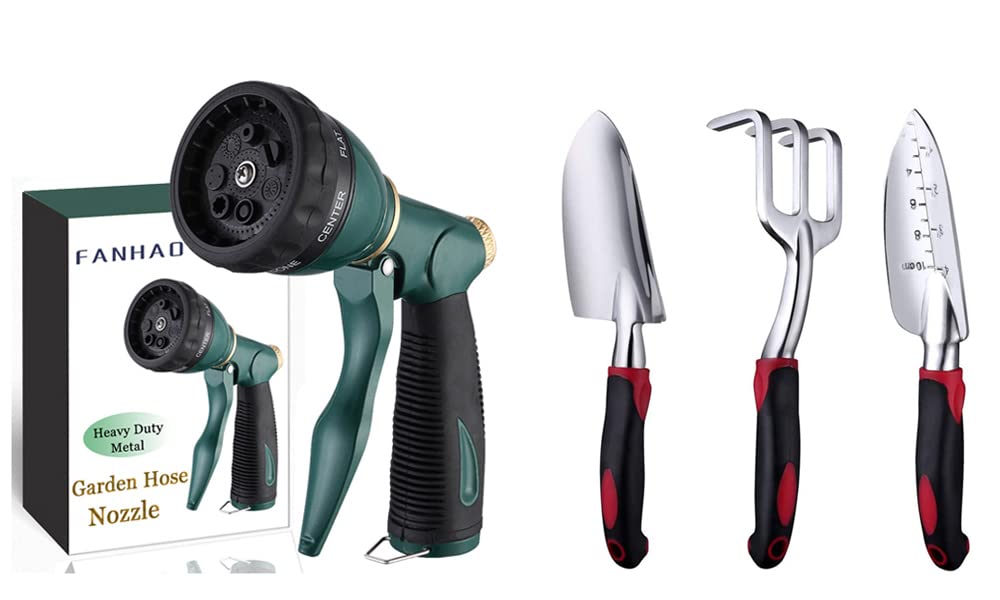 FANHAO Heavy Duty Garden Hose Nozzle & Tool Set - 8-Piece Outdoor Watering Kit with Spray Nozzle, Pruner, Trowel for Lawn, Garden, Flower Beds - Perfect for Watering Plants, Landscaping, Home Gardening