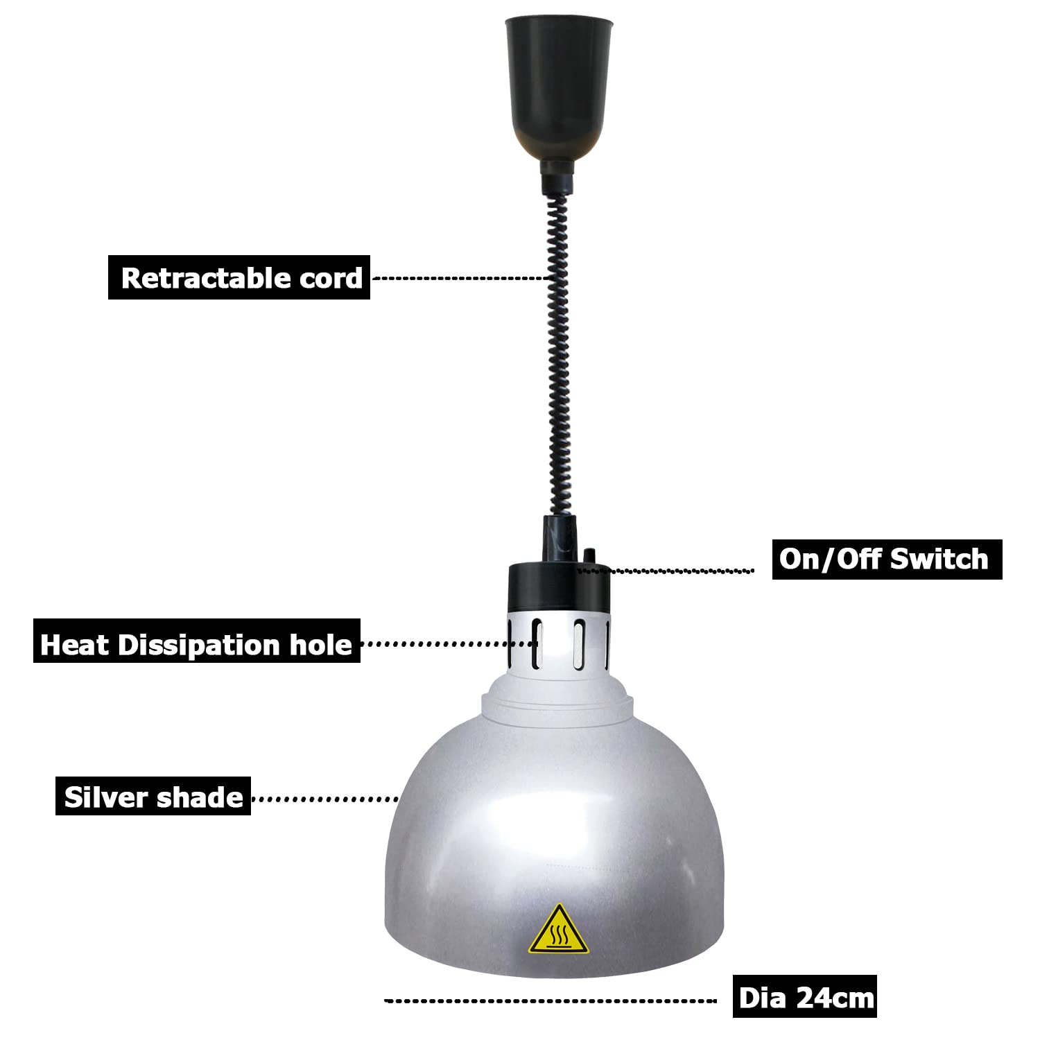 250W Silver Hanging Food Heat Lamp - 24cm Overhead Food Warmer for Restaurants, Buffets & Catering | Commercial Hot Food Warming Light with Bulb Included | Perfect for Keeping Meals Warm at Events, Cafeterias & Food Stations