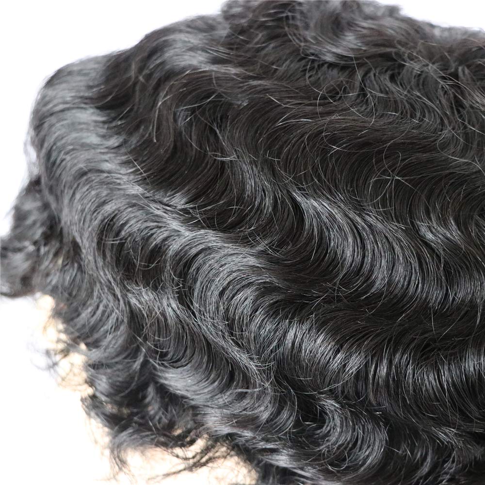 Men's French Lace Wave Hair Toupee 8x10 Inch - Afro Loose Curly Human Hair Replacement Piece #1B Off Black - 120% Medium Density - Perfect for Daily Wear, Cosplay & Hair Loss Solutions