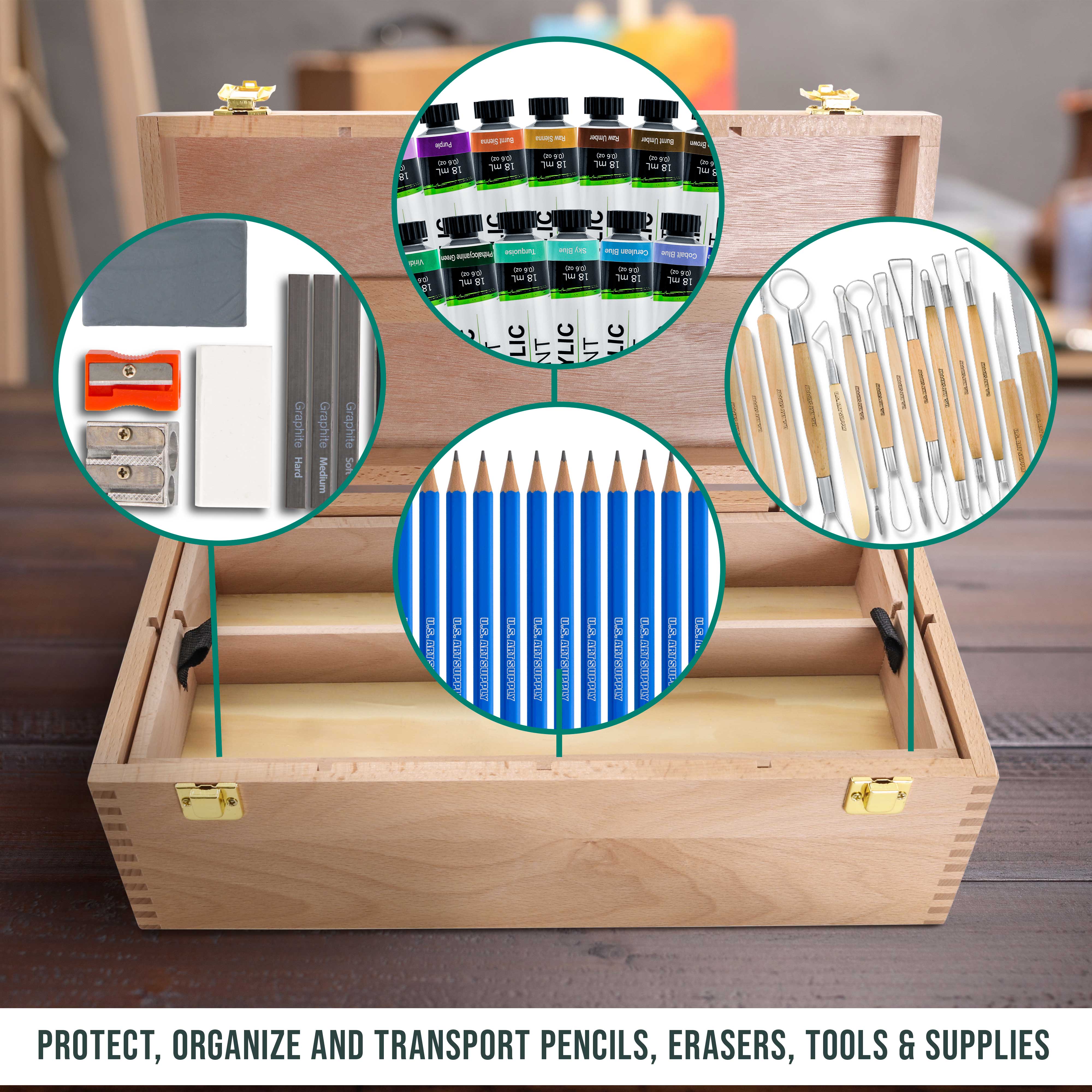 Multi-Function Unfinished Beechwood Artist Tool Storage Box with Removable Tray & Locking Clasps - Organize Paints, Pencils, Brushes & Art Supplies - Perfect for Artists, Crafters & DIY Enthusiasts - Portable & Secure for Studio, Classroom or Travel Use