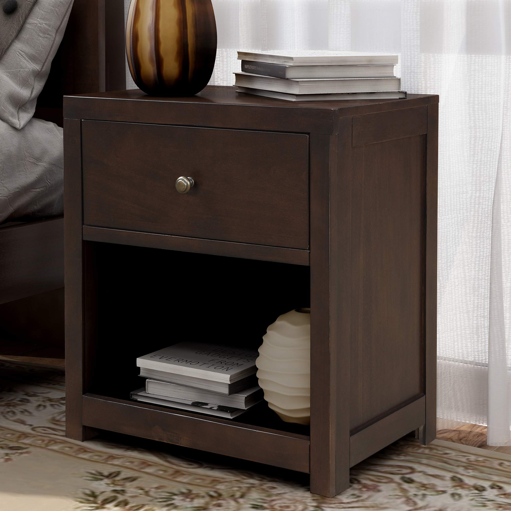 Vintage Modern Nightstand with 1 Drawer - Solid Wood Bedside Table, Sofa End Table in Rich Brown - Perfect for Bedroom, Living Room & Small Space Furniture Decor