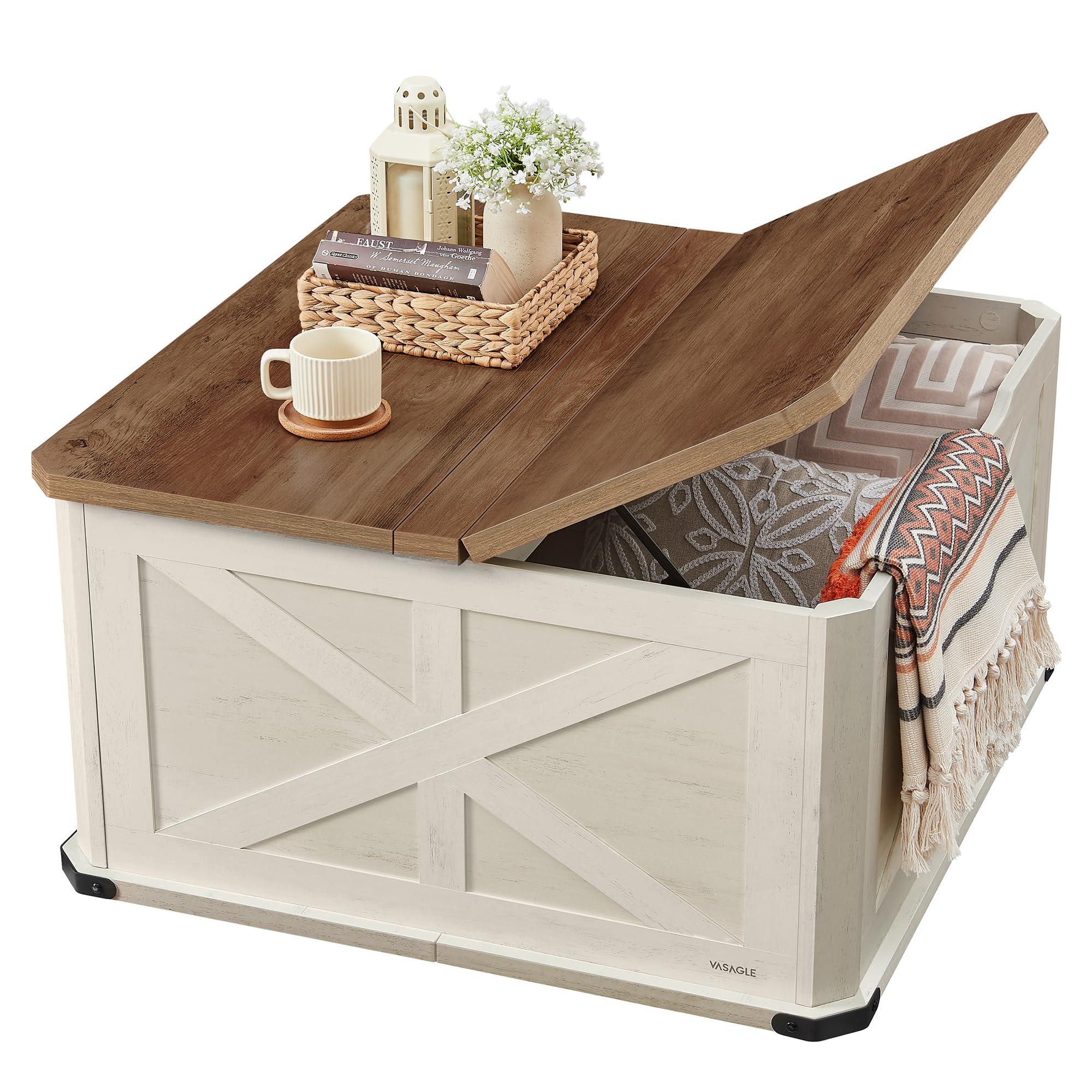 VASAGLE Farmhouse Coffee Table with Storage, Square Living Room Center Table with Flip-Top Lids, Rustic White & Honey Brown - Perfect for Small Spaces, Home Decor, and Coffee Table Books Storage
