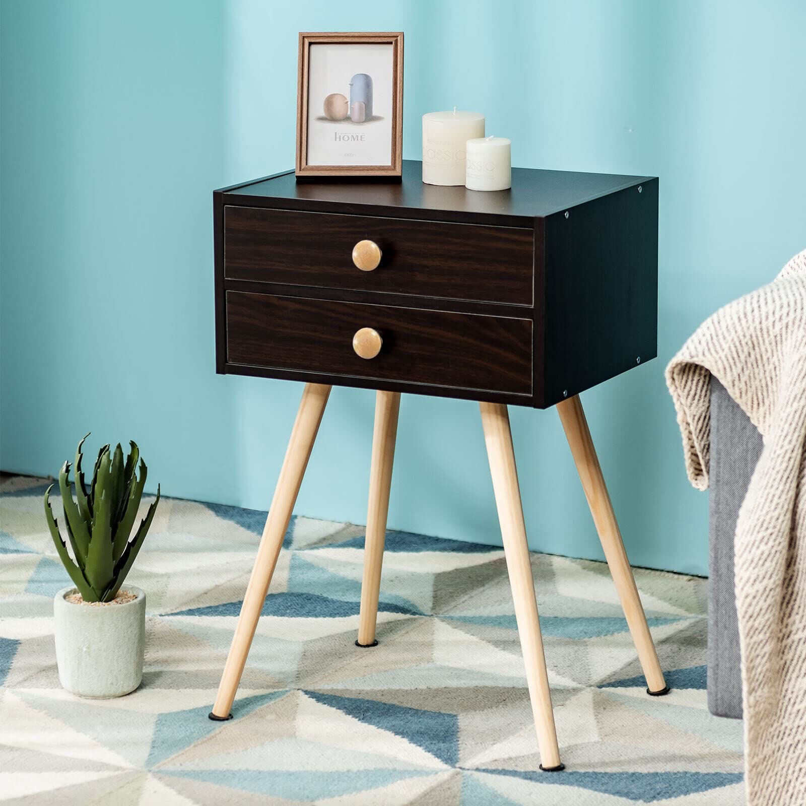 Mid Century Modern Nightstand with 2 Drawers & Solid Wood Legs - Compact Bedside Table for Small Spaces - Espresso Finish End Table for Bedroom & Living Room - Perfect for Storage & Home Decor