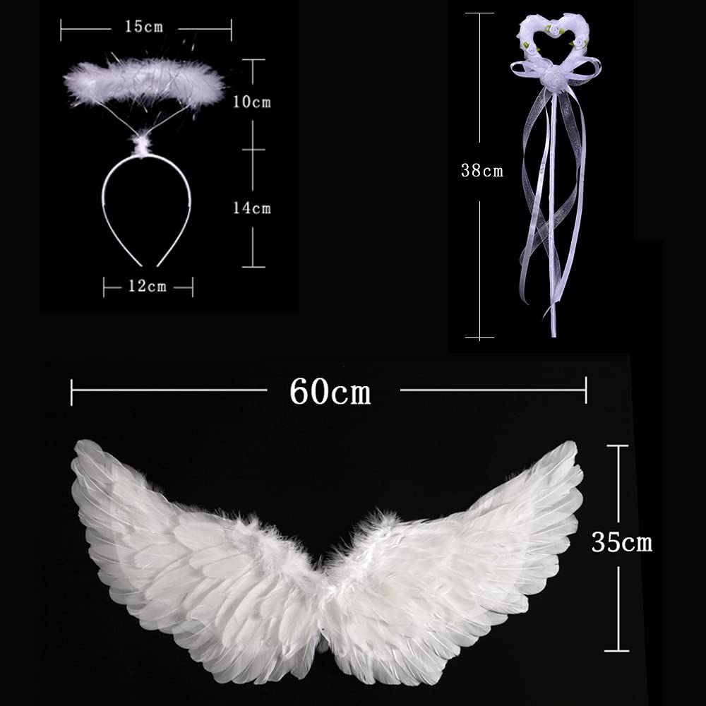 White Angel Wings and Halo Set with Feather Headband & Wand - Christmas, Halloween, Cosplay Costume Accessories for Parties, Photo Shoots & Fairy Costumes