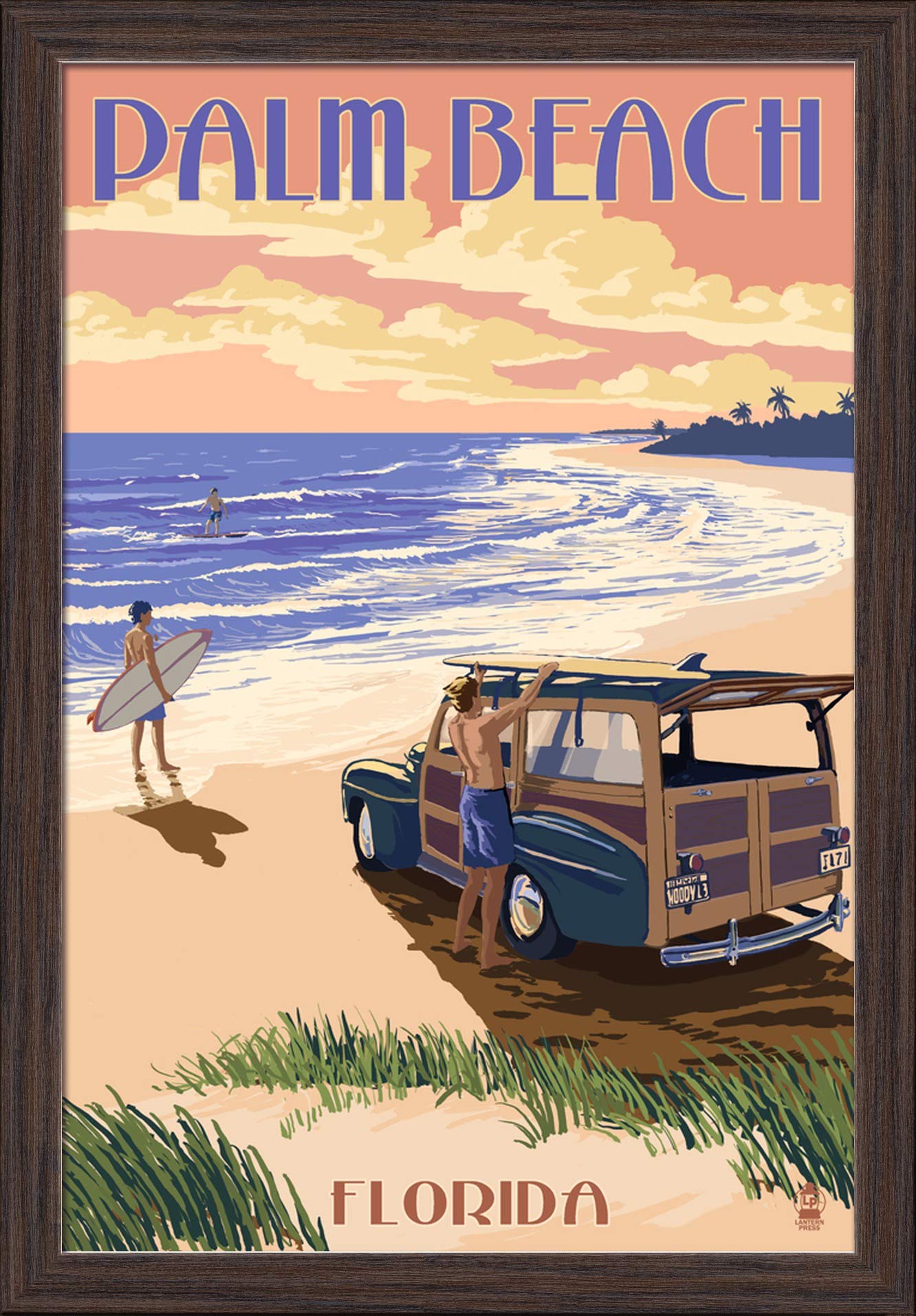 Woody On The Beach Florida Giclee Art Print - 16x24 Inch Recycled Wood Frame in Espresso Brown - Coastal Wall Decor for Living Room, Bedroom & Office