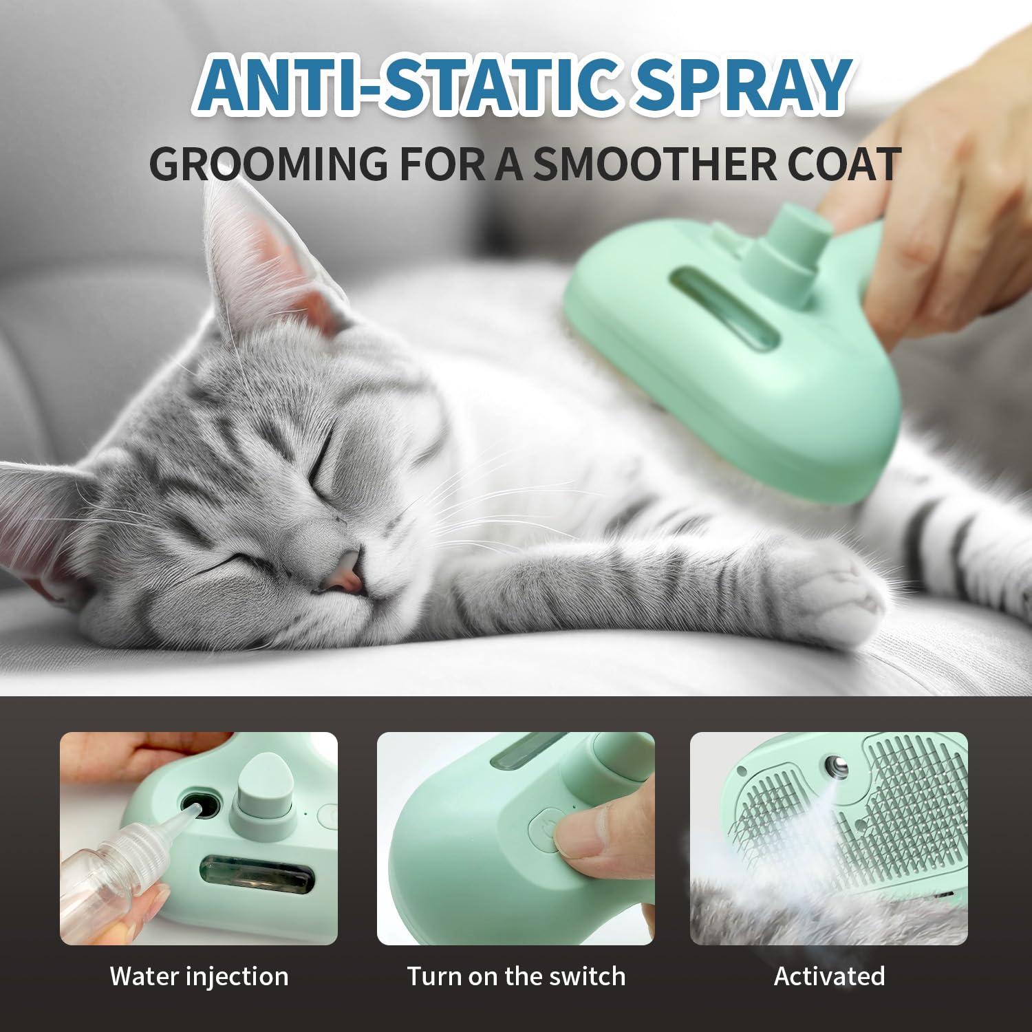 3-in-1 Self Cleaning Pet Grooming Brush - Steam Hair Brush for Dogs & Cats to Reduce Shedding, Anti-Static Deshedding Tool for Long & Short Hair Pets - Perfect for Home Grooming & Shed Control (Green)