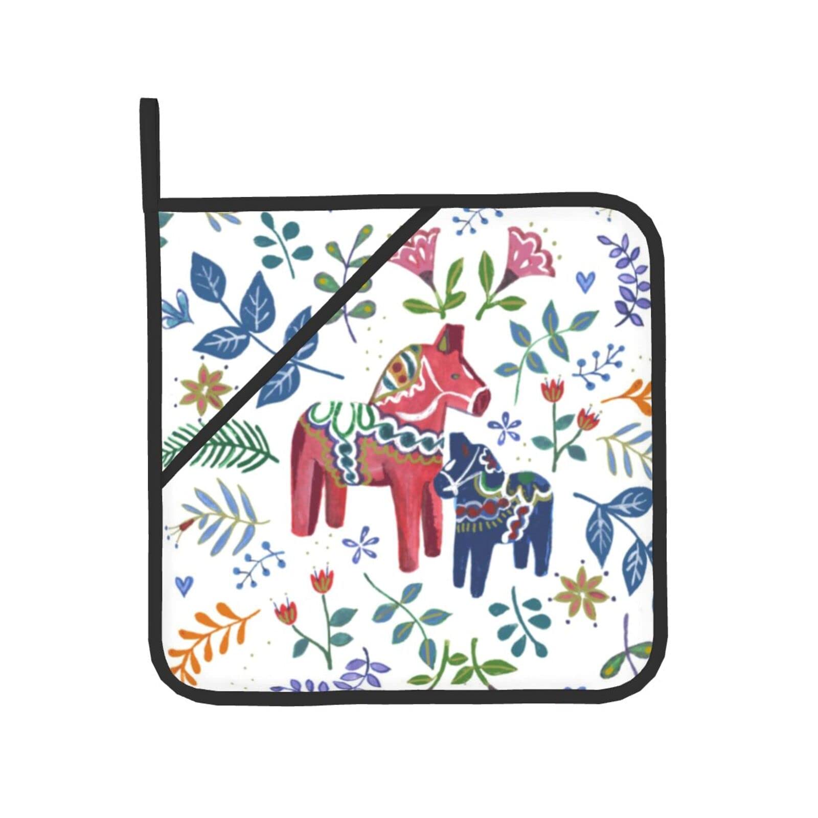Floral Swedish Dala Horse Oven Mitts & Pot Holders Set - Heat Resistant Kitchen Gloves for Cooking, Baking, Grilling & BBQ - Perfect for Swedish-Themed Kitchens & Home Decor