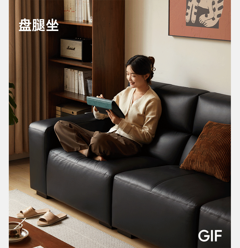 Premium Genuine Yellow Cowhide Leather Sofa - First Layer Tofu Block Design for Living Room, Lounge & Office Comfort