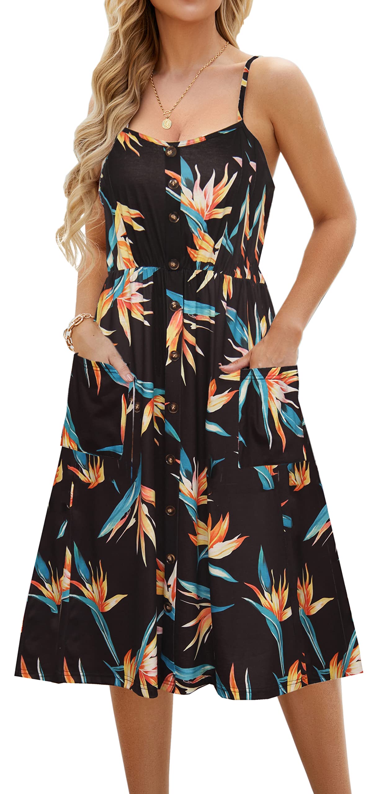 Women's Summer Casual Floral Spaghetti Strap Swing Dress with Pockets - Perfect for Beach Outings, Vacations & Summer Parties