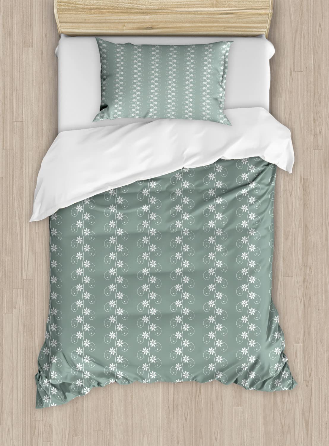 Ambesonne Vintage Floral Duvet Cover Set - Rococo Inspired Lace Pattern Bedding, 2 Twin Size Duvet Covers & 2 Pillowcases (Pale Sage Green/White) - Perfect for Spring Bedroom Decor, Guest Room Makeover & Boho Chic Home Styling