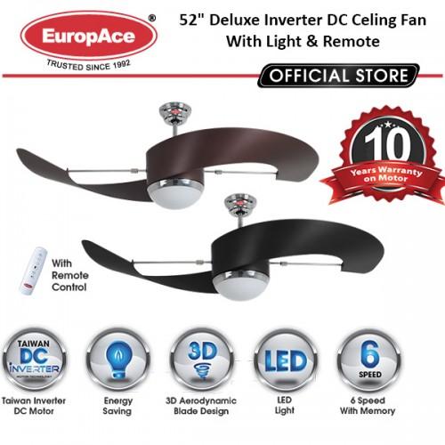 EuropAce ECF7552S 52 Inch Deluxe Inverter DC Motor Ceiling Fan with LED Light - Energy Efficient Quiet Cooling for Bedroom, Living Room & Outdoor Spaces