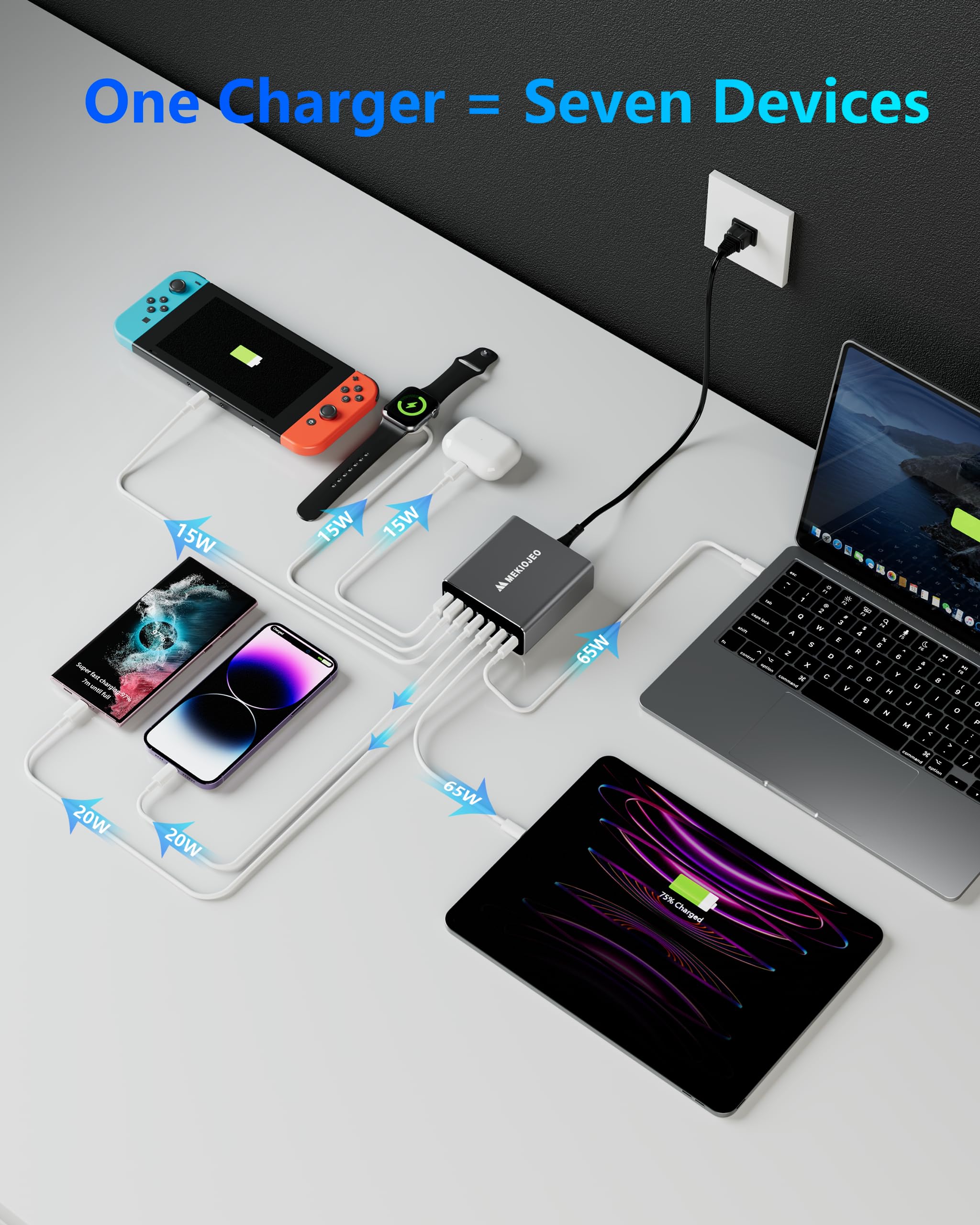260W GaN Fast Charger Station - 7 Port USB C Charger with 65W Laptop Charging | Aluminum Alloy Design for MacBook Pro/Air, iPad Pro, iPhone | Perfect for Home, Office & Travel (Grey)