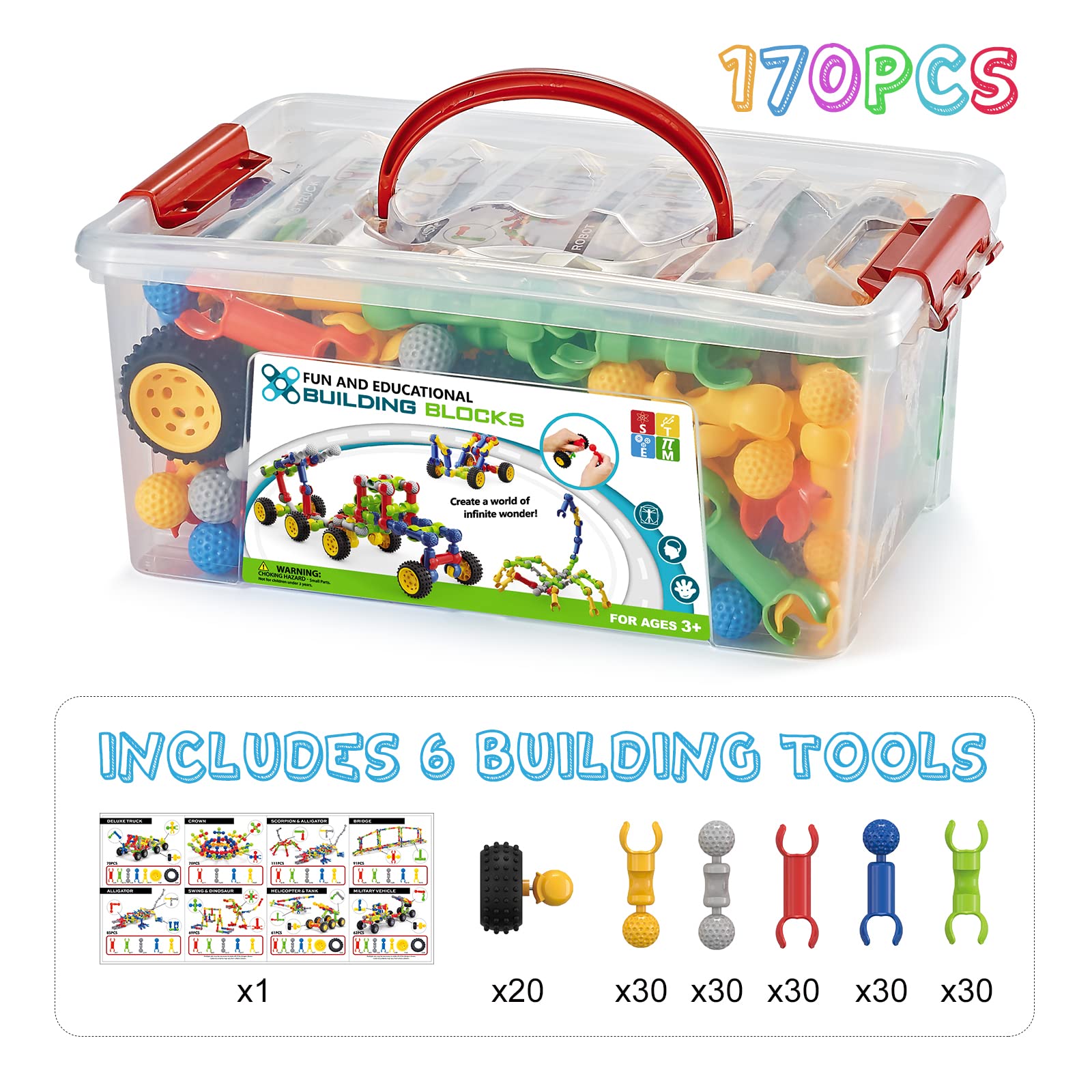 170 Pcs STEM Building Blocks Toys for Kids Ages 3-9 with Storage Box & Idea Guide - Creative Educational Construction Set for Boys & Girls - Perfect for Birthday, Christmas Gifts & Classroom STEM Activities